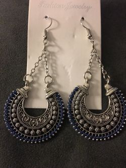 Long Drop Silver Tone with Blue Trim Earrings