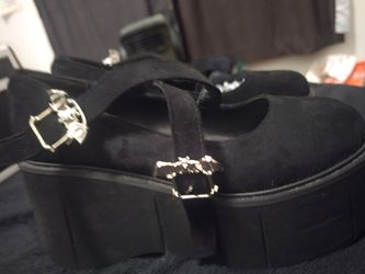 Black Velvet Bat-Buckle Platform Shoes Size 42