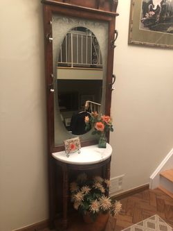 Antique Hall Tree with Mirror and Marble Console
