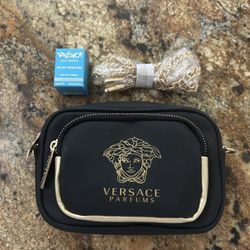 Versace Crossbody Gold Medusa logo Purse Clutch Shoulder Evening Bag + Mini Perfume 