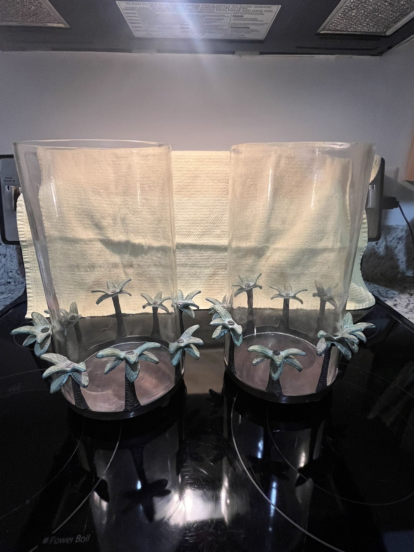 Tropical Glass Hurricanes With Palm Tree Base - Copper
