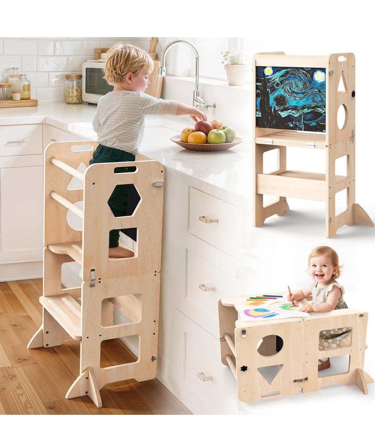 New 4-in-1 Toddler Kitchen Step Stool, Foldable Learning Standing Tower with Blackboard, Wooden Kitchen Stool Helper for Kids, 1-3 Year Old Boy Girl G