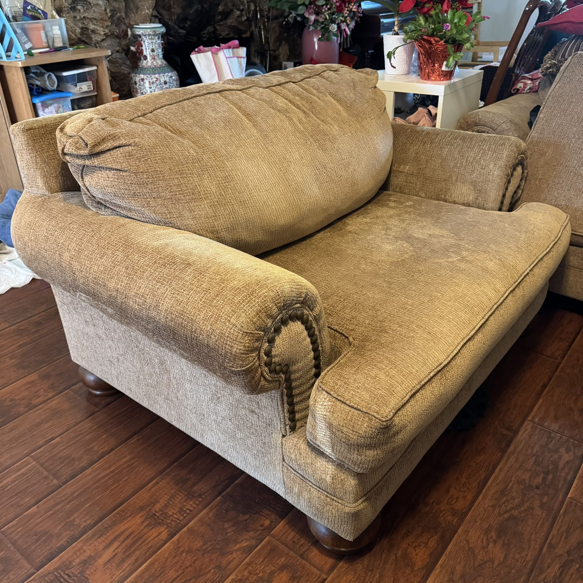 Large Brown Tan Fabric Loveseat Sofa Chair