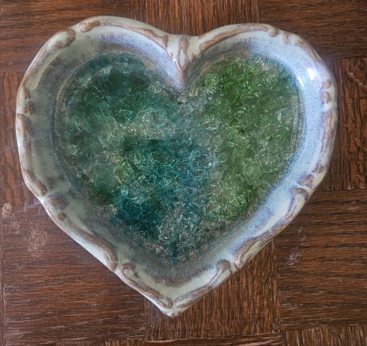 Heart-Shaped Ceramic Art Piece with Green and Blue Accents 6" X 6"