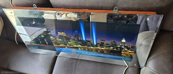 Vintage NYC Skyline Twin Towers Lighted Motion Mirror 39"x19" Light & Sound