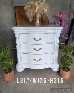 One French Cottage Night Stand with 3 drawers refinished white and gold pulls
