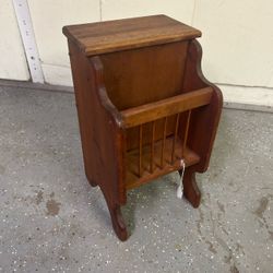 Wood storage stand 19.5”T 11”W 11” with built-in spindled magazine paper book rack & top storage