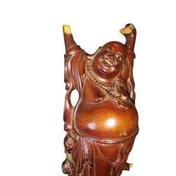 ANTIQUE CHINESE HANDCARVED HARDWOOD LAUGHING BUDDHA CARVING SCULPTURE 