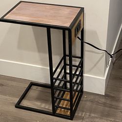 Sofa/Nightstand /Side End  Computer Holder Industrial Style C Table With Black Metal Base Magazine Storage And USB Port H26”xW16”xD10”