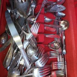 Old Silver Plated Forks Spoon Knives And Box 