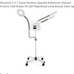 Professional 3 in 1 Facial Steamer upgrade aesthetician Steamer with Hot and Cold nozzle and 5x LED magnifying Lamp 