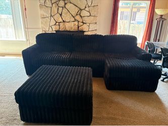 Black Corduroy Sectional Sofa with Ottoman
