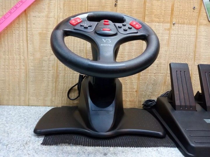 Tested- Retro- Playstation PS1/PS2 ~ V3 ~ Interact Racing Steering Wheel + Gas & Brake Pedals
