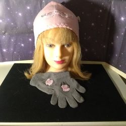Fleece Pink Beanie & Grey Knit Stretch Gloves
