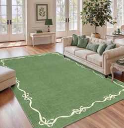 Garvee Solid Green Rug for Living Room, Coquette Bow Green Rugs for Bedroom Girls with Soft Low Pile, Non Slip Washable Rug 8x10