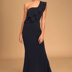 Grand Beauty Navy Blue Ruffled One-Shoulder Mermaid Maxi Dress 