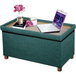 30 Inches Storage Ottoman Bench, Storage Bench with Wooden Legs for Living Room Ottoman Foot Rest Removeable Lid, Green