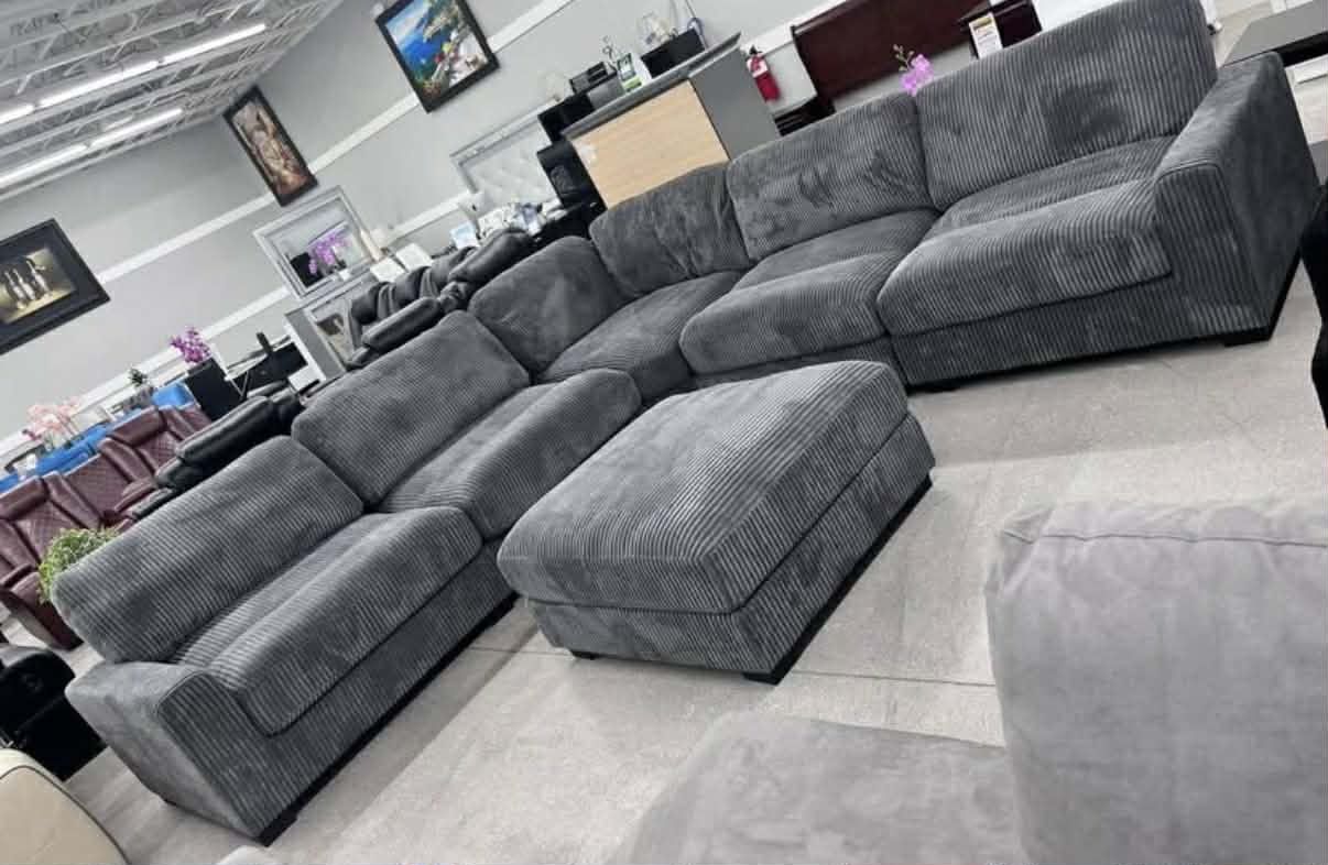 New 127x127 Gray Corduroy Sectional Couch With Ottoman / Free Delivery