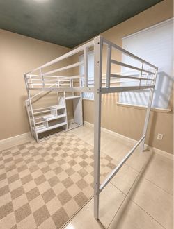 Queen Size White Metal Loft Bed with Storage Stairs – Excellent Condition