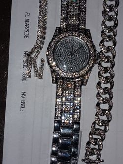 Bust down watch and bracelet and initial chain and pendant
