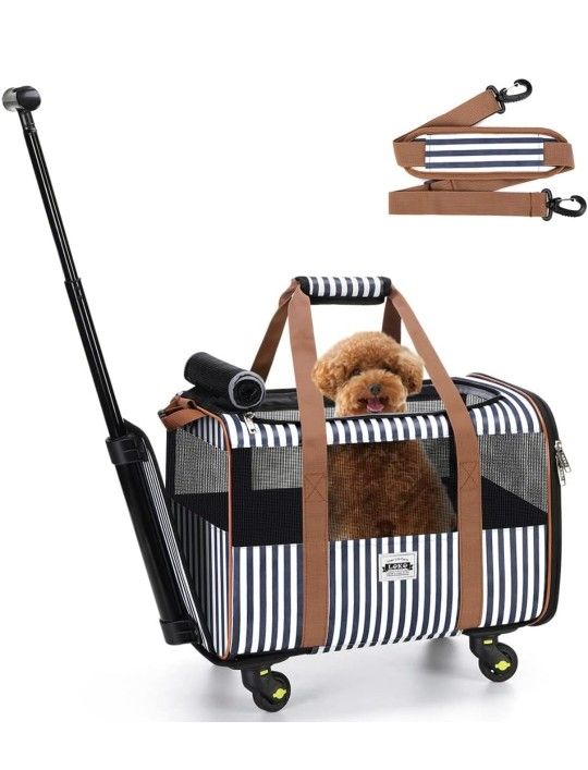 Cat Carier with Wheels, Lekesky Dog Carrier Airline Approved Rolling Pet Carrier with Telescopic Handle and Shoulder Strap, Striped
