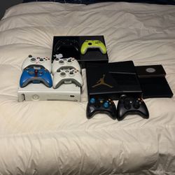 Old school gaming consoles & Controllers (360, 360 E, Xbox one Day 1 2013, Ps2 Slim, Nintendo Ds XL)