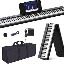 Folding Piano Keyboard 88 Key, Full Size Semi-Weighted Foldable Piano Keyboard, Bluetooth Portable Electronic Keyboard Piano with Sheet Music Stand, S