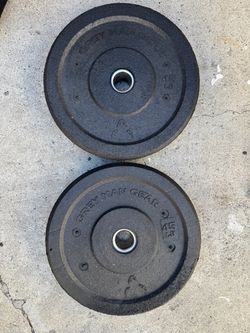 Olympic Weights 45 lb Grey Man Gear crumb rubber bumper plates featuring a durable recycled rubber construction