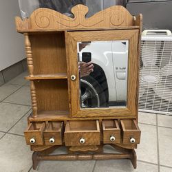 Antique Oak Medicine Cabinet Or Storage Cabinet With Drawers & Mirror