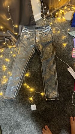 metallic silver foil-coated jeans