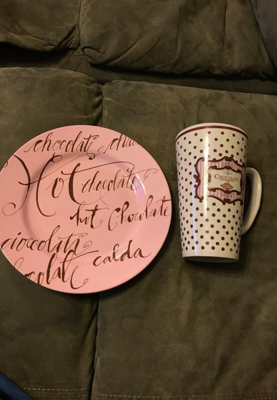 Pink and brown hot chocolate plate and tall mug