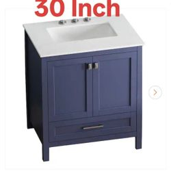 Assembled 30.27 in. W x 19.05 in. D x 34 in. H Navy Blue Linen Cabinet with Bathroom Vanity and Ceramic Sink Top