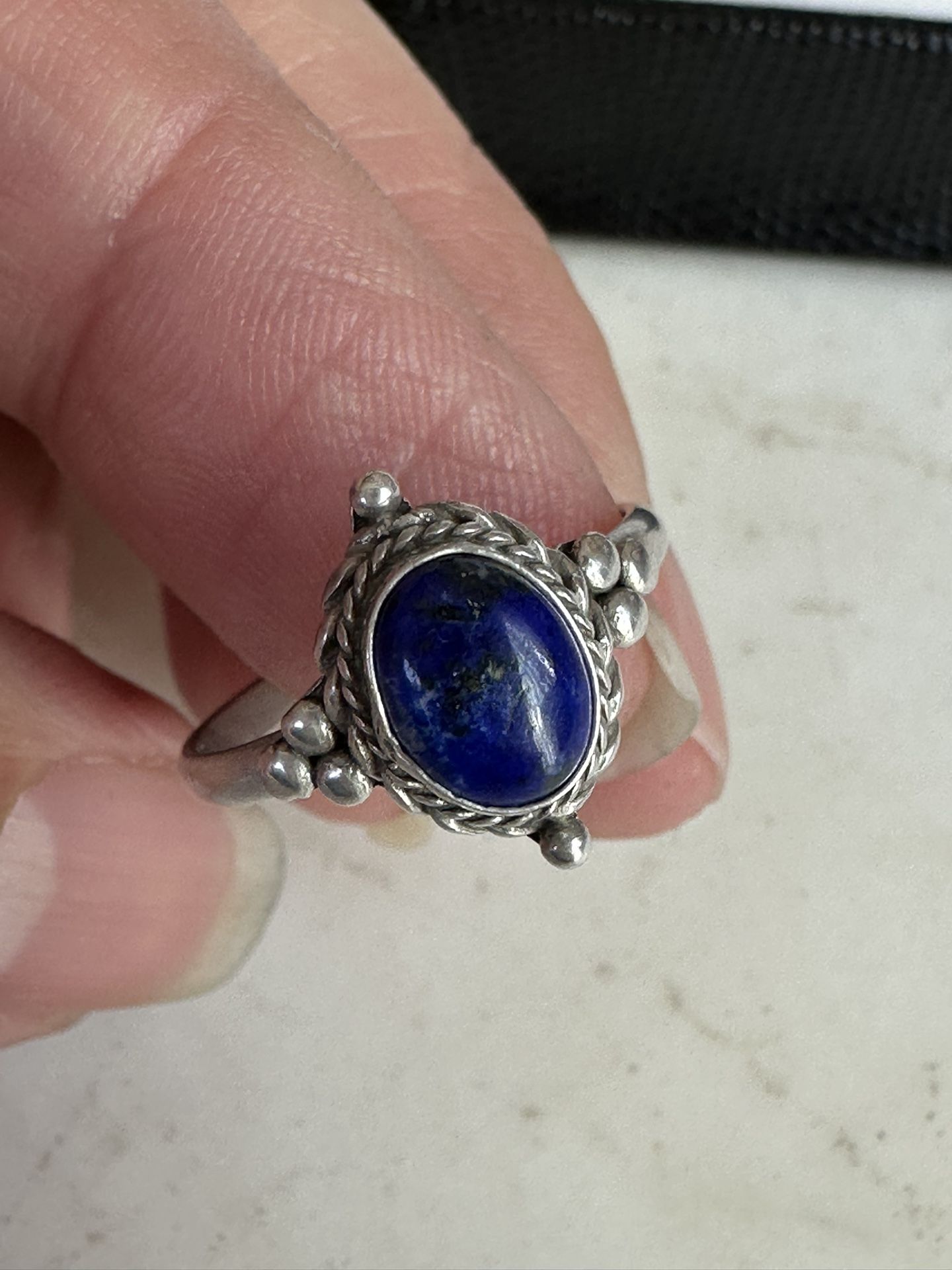 925 Sterling Silver , Genuine Oval Lapis Ring , Size 7 , Hallmarked 925 FAS 