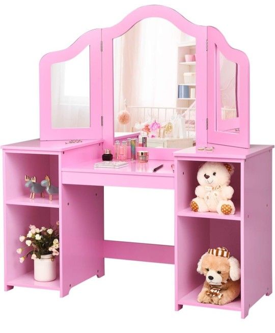 Costzon Kids Vanity, 2 in 1 Princess Makeup Desk Dressing Table with Detachable Top, Toddler Vanity with Tri-fold Mirror & Storage Shelves, Vanity Set