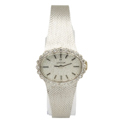 Ladies Omega 18mm x 22mm Vintage 14K White Gold Watch with Silver Oval Dial and Diamond Bezel. (Pre-Owned)