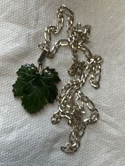 Sterling Silver Jade Leaf Pendant With Fegaro Chain 26"Long (👉 Firm Price 👈)