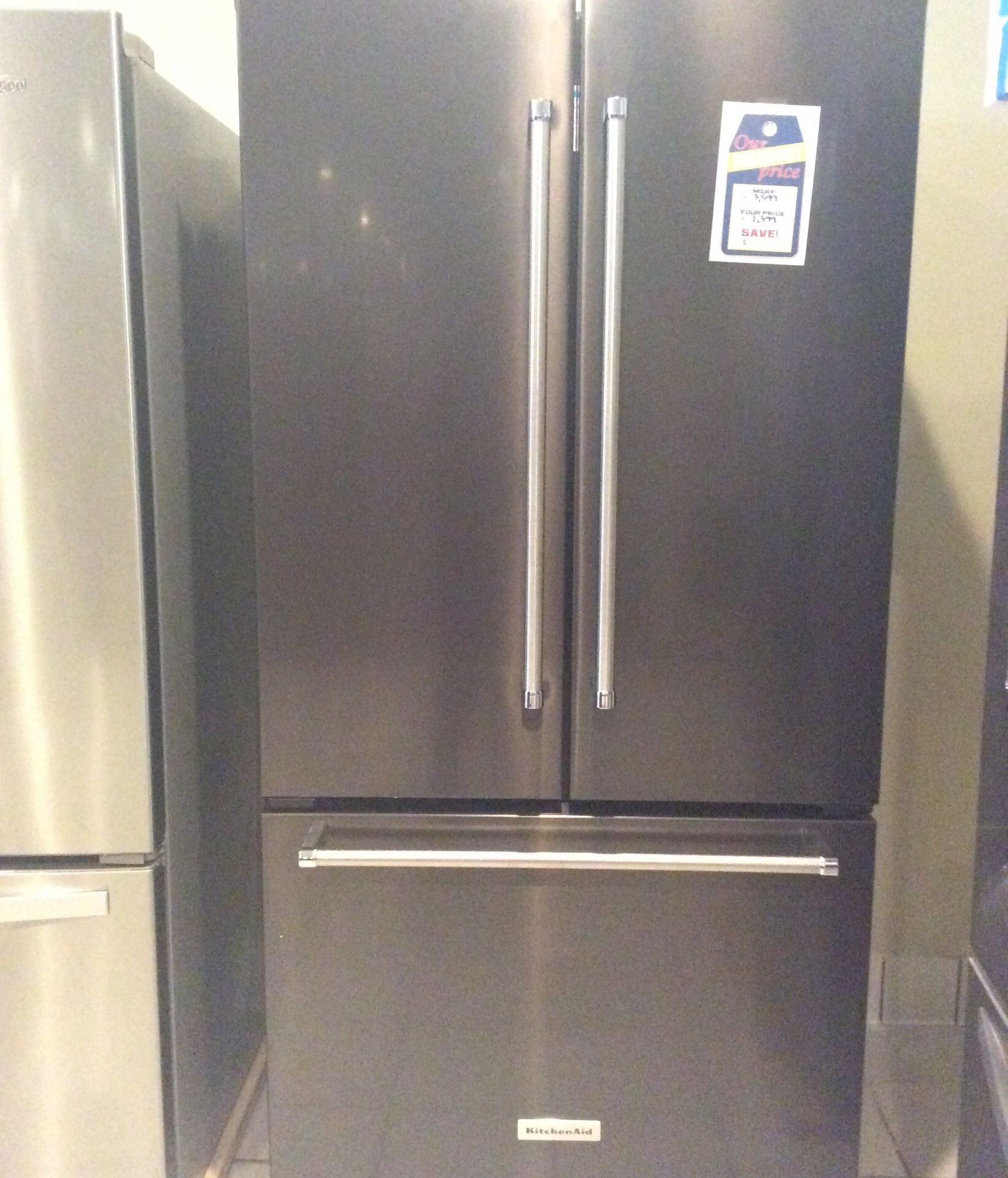 New open box kitchen aid black stainless steel refrigerator KRFC302EBS