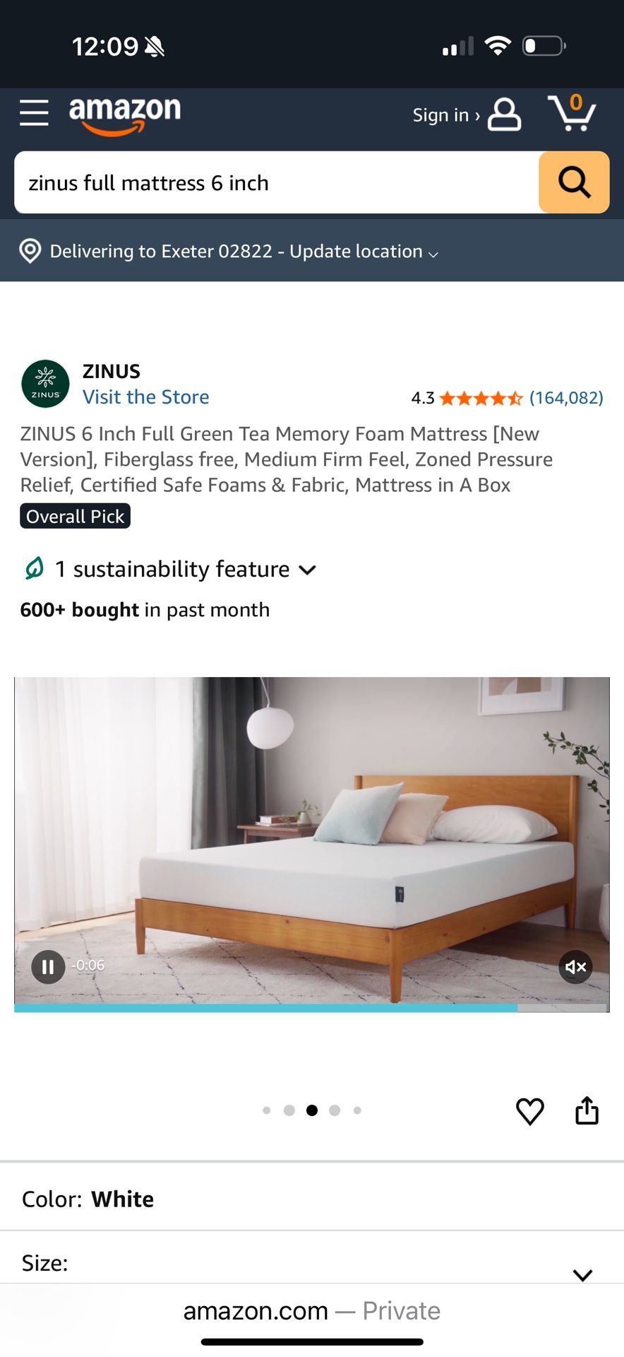 NEW. ZINUS 6" Memory Foam Full Size Mattress
