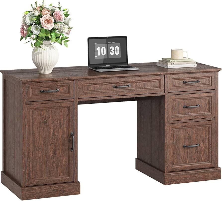 58'' Farmhouse Executive Desk with Drawers, Home Office Desk with File Drawer and Storage Cabinet, Rustic Computer Desk for Working, Studying, Writing