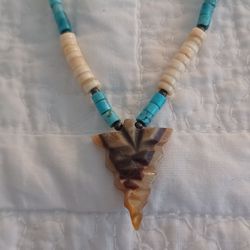 Vtg.Rare NATIVE sterling ARROWHEAD & PUKA SHELLS& TURQUOISE NECKLACE- 16 IN.