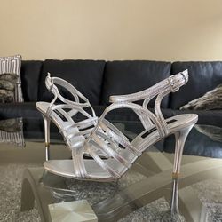 Metallic Silver Leather Cage Heels