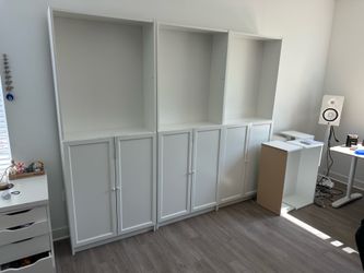 3 White IKEA Billy Bookcases + Oxberg Doors + Height Extension Shelves + LED Spotlights