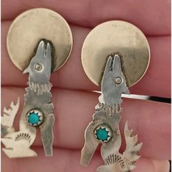 Vtg.sterling Silver HOWLING COYOTE  & Turquoise & Brass Moon Earrings