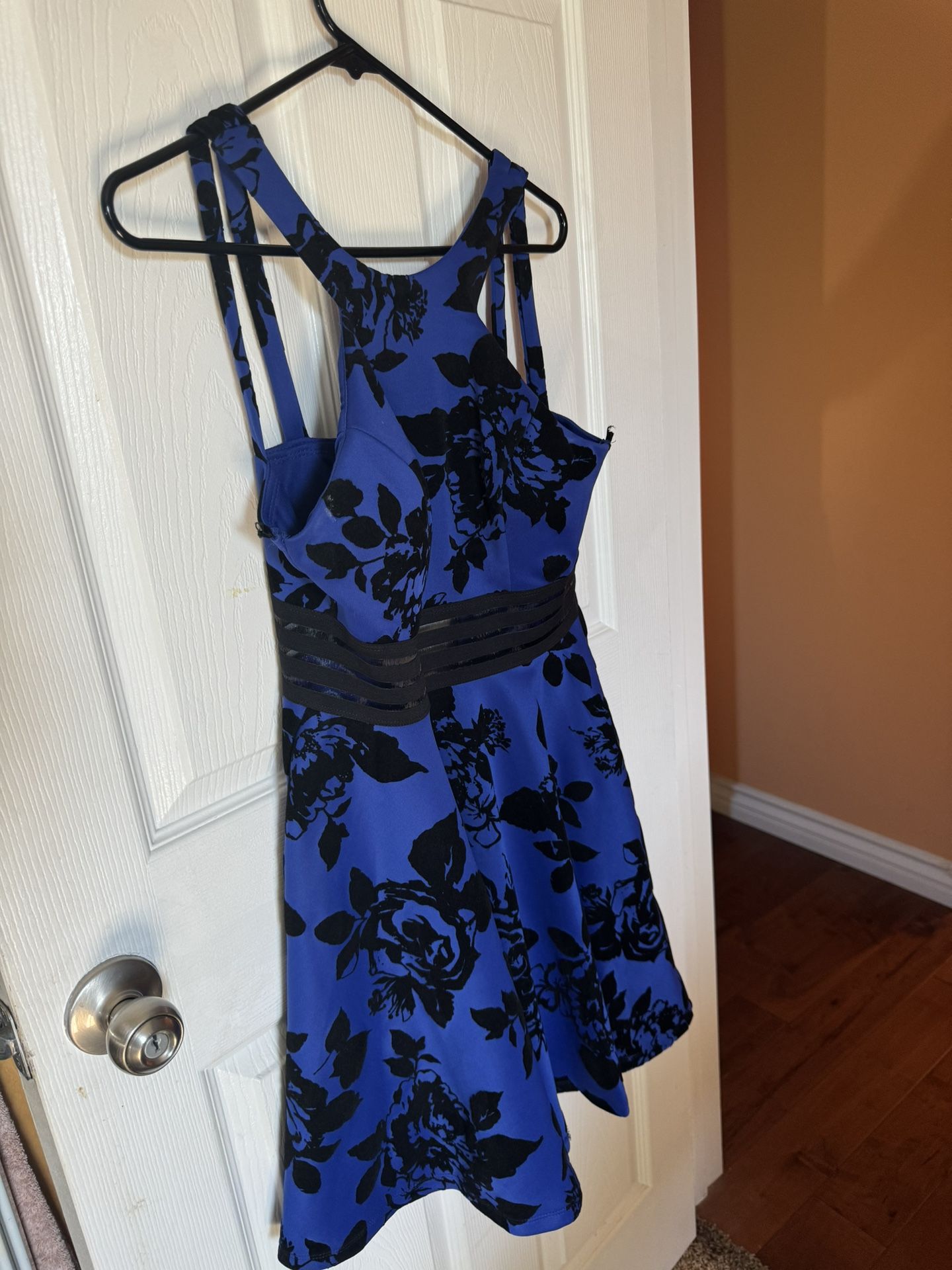 Midnight Blue Velvet Black Rose Dress