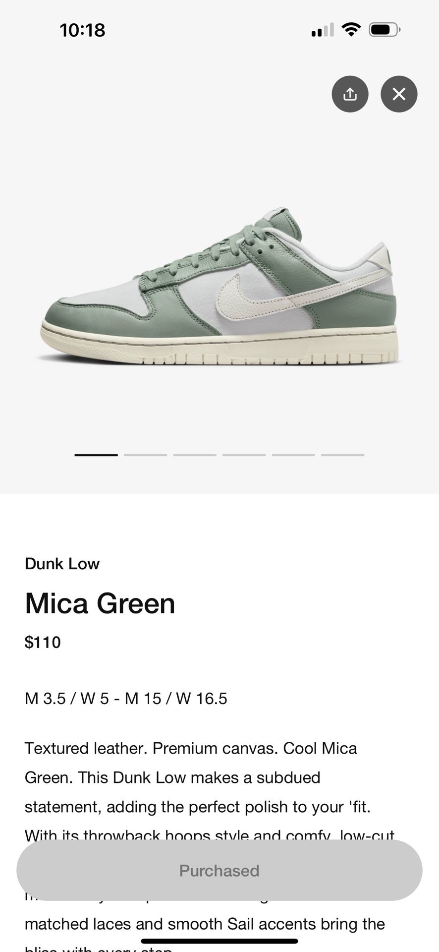 Dunk Low Mica Green  10.5 