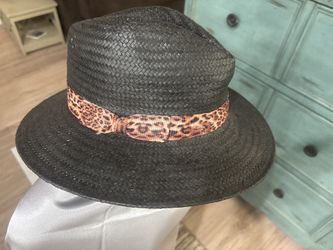 Women’s Black Straw Fedora with Leopard Print Band