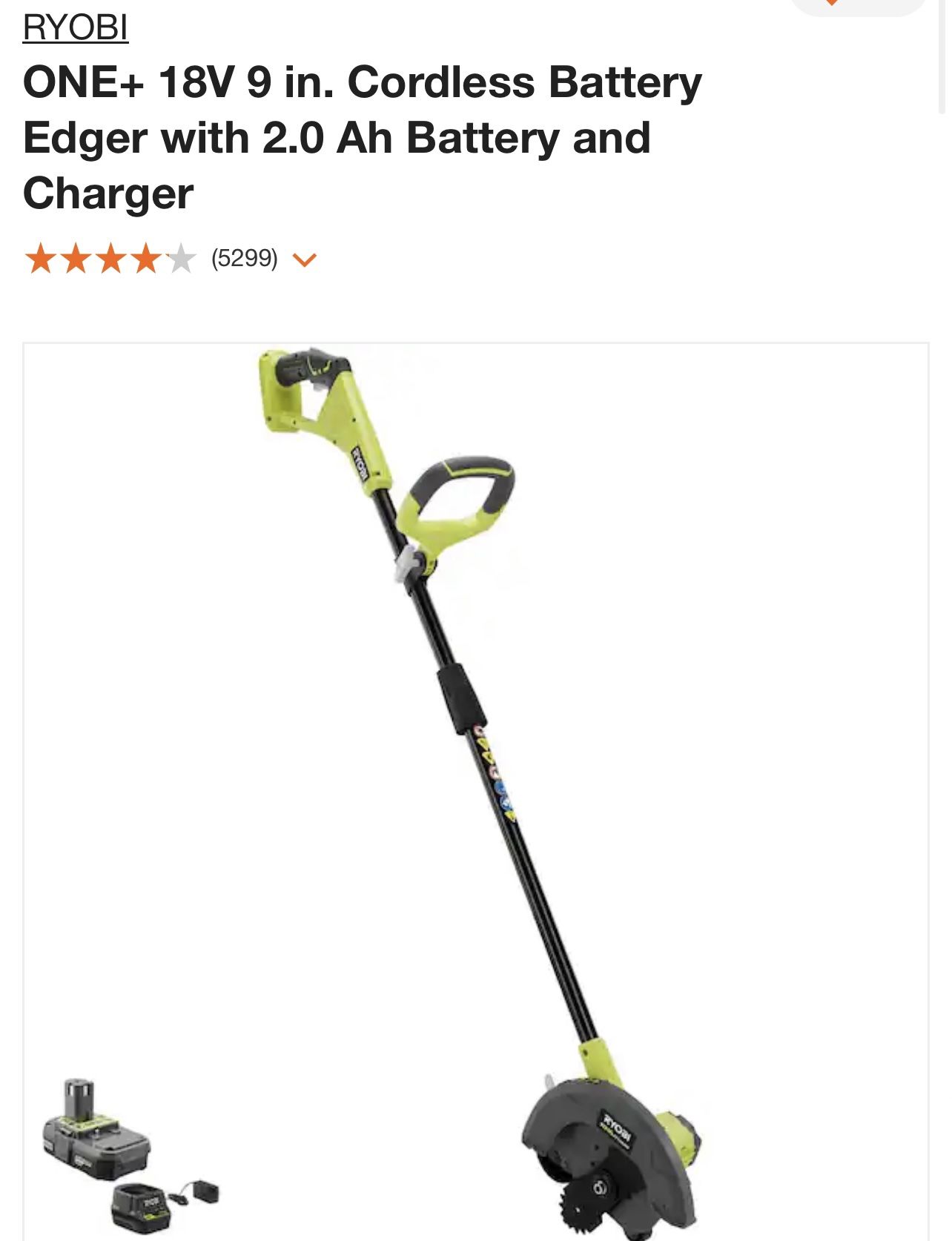 Ryobi ONE+ 18V 9 in. Cordless Battery Edger with 2.0 Ah Battery and Charger