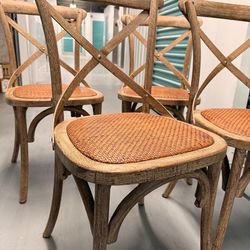 Set of 4 Crossback Light Oak Wood Rattan Dining Chair