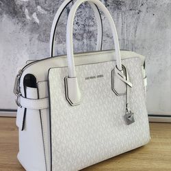 Michael Kors Medium White Logo Leather Satchel Purse with Silver-Tone Lock