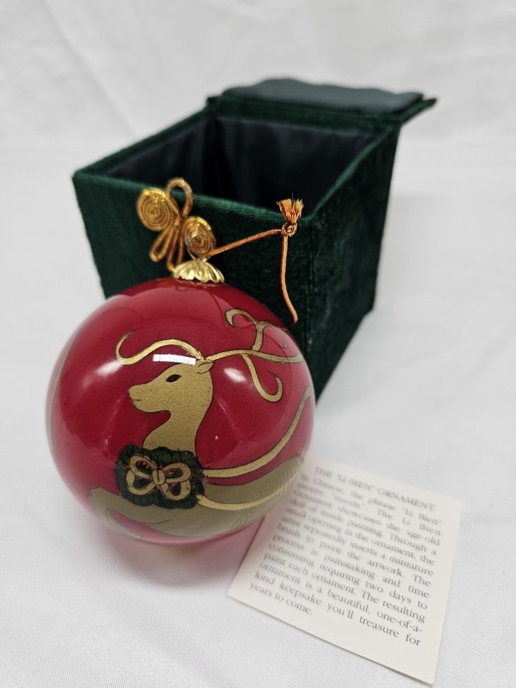 2000 Li Bien Hand Painted Gold Reindeer Red Blown Glass Ball Christmas Ornament